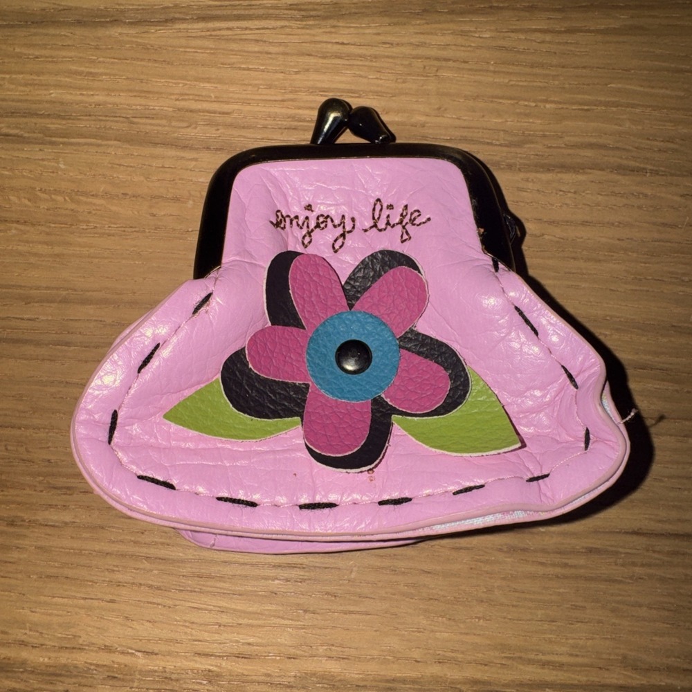 Natural Life Boho Pink Leather Flower Coin Purse Kiss Lock Pouch Change Wallet